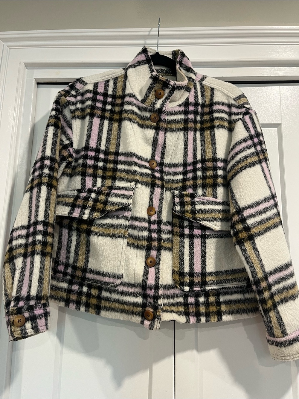 Plaid Teddy Jacket in Cream, Pink & Black